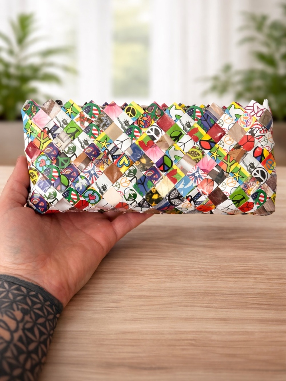 Nahui Ollin Recycled Wrapper Clutch Colorful Woven Zip Pouch Handmade Eco Chic